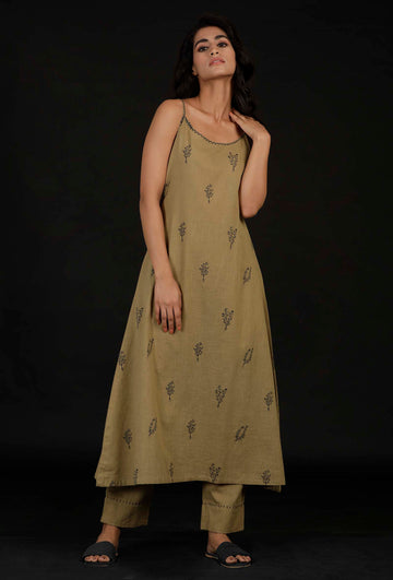 Set of 2: Okra Beige Handblock Slip and Pallazo